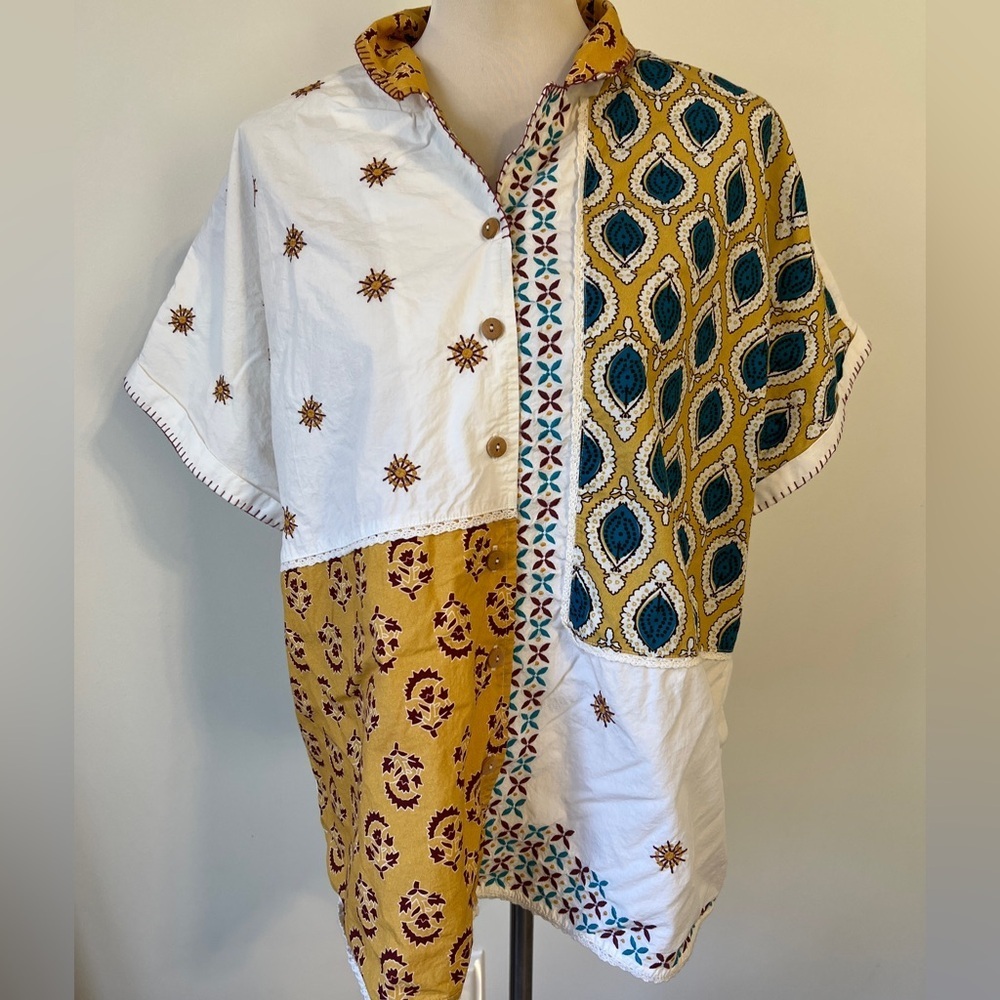 Coldwater Creek Women’s Large Embroidered Cotton Button Front Top Boho EUC India